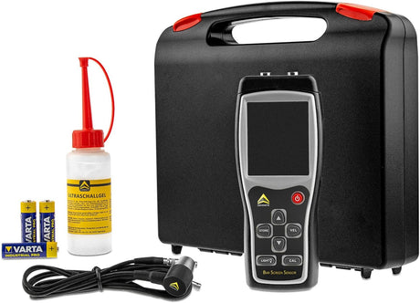 Electrical bar testing device with carrying case, batteries, and cleaning gel on a white background