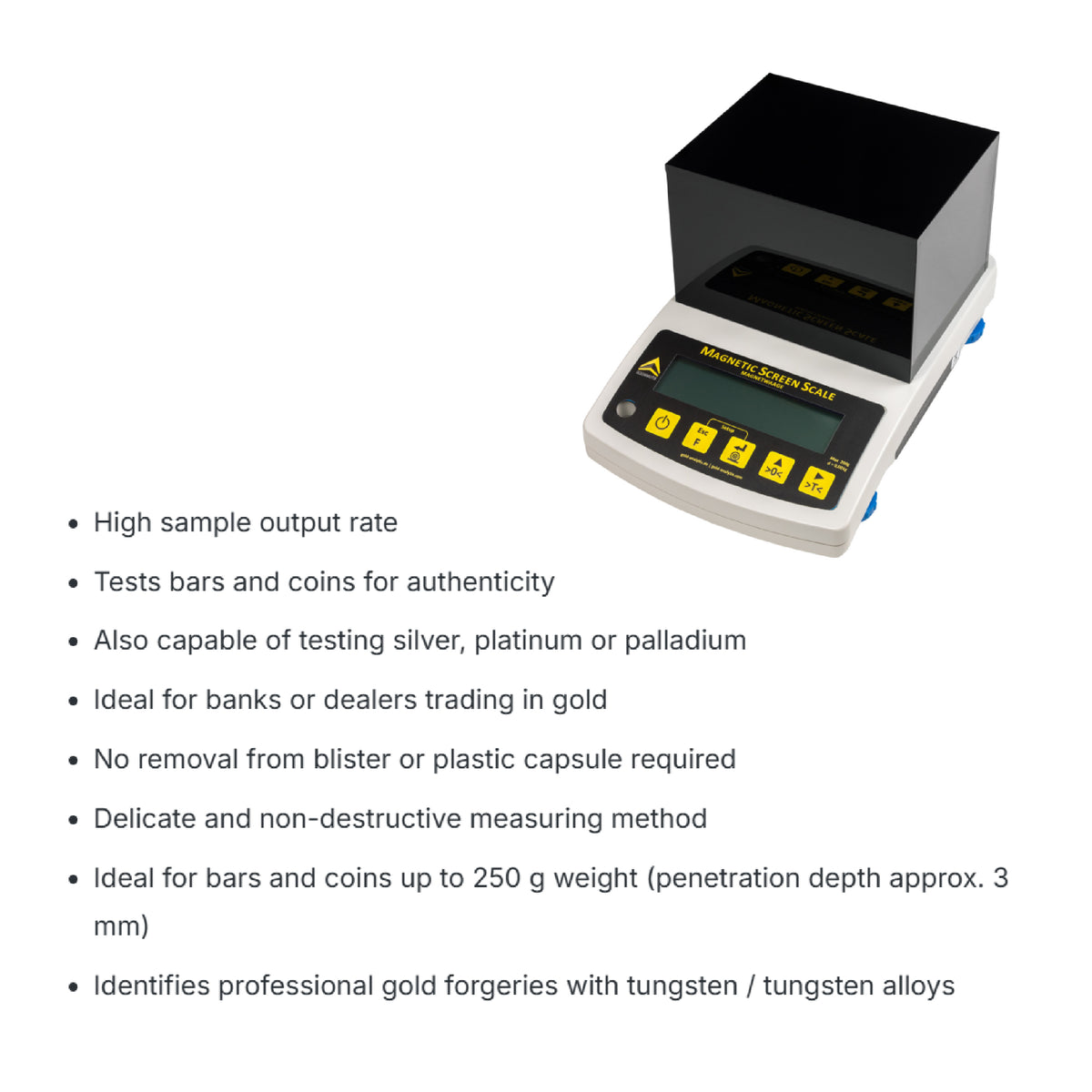 MagneticScreenScale technical data with 200g balance capacity and 0.001g readability