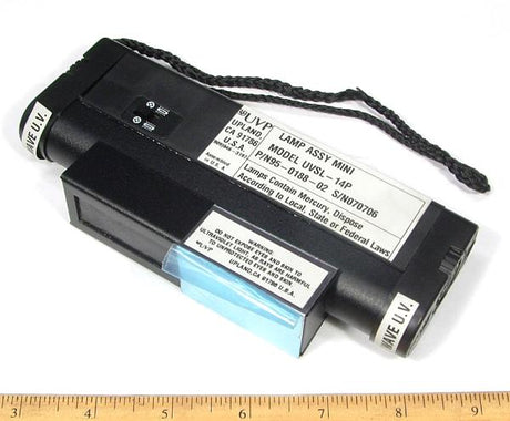Portable Short & Long Wave UV Lamp UVSL-14P with dual light modes and protective filter, shown with wrist strap and measurement scale.