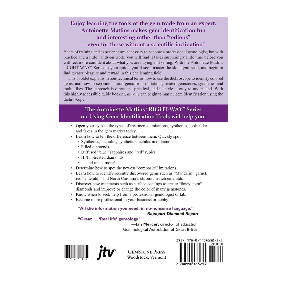Dichroscopes Made Easy gem identification guide by Antoinette Matlins - back