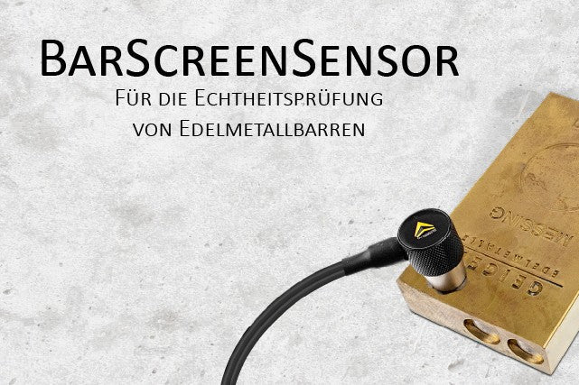 Gold bar with a sensor on a textured surface, featuring text about a bar screen sensor for gold bar authenticity testing.