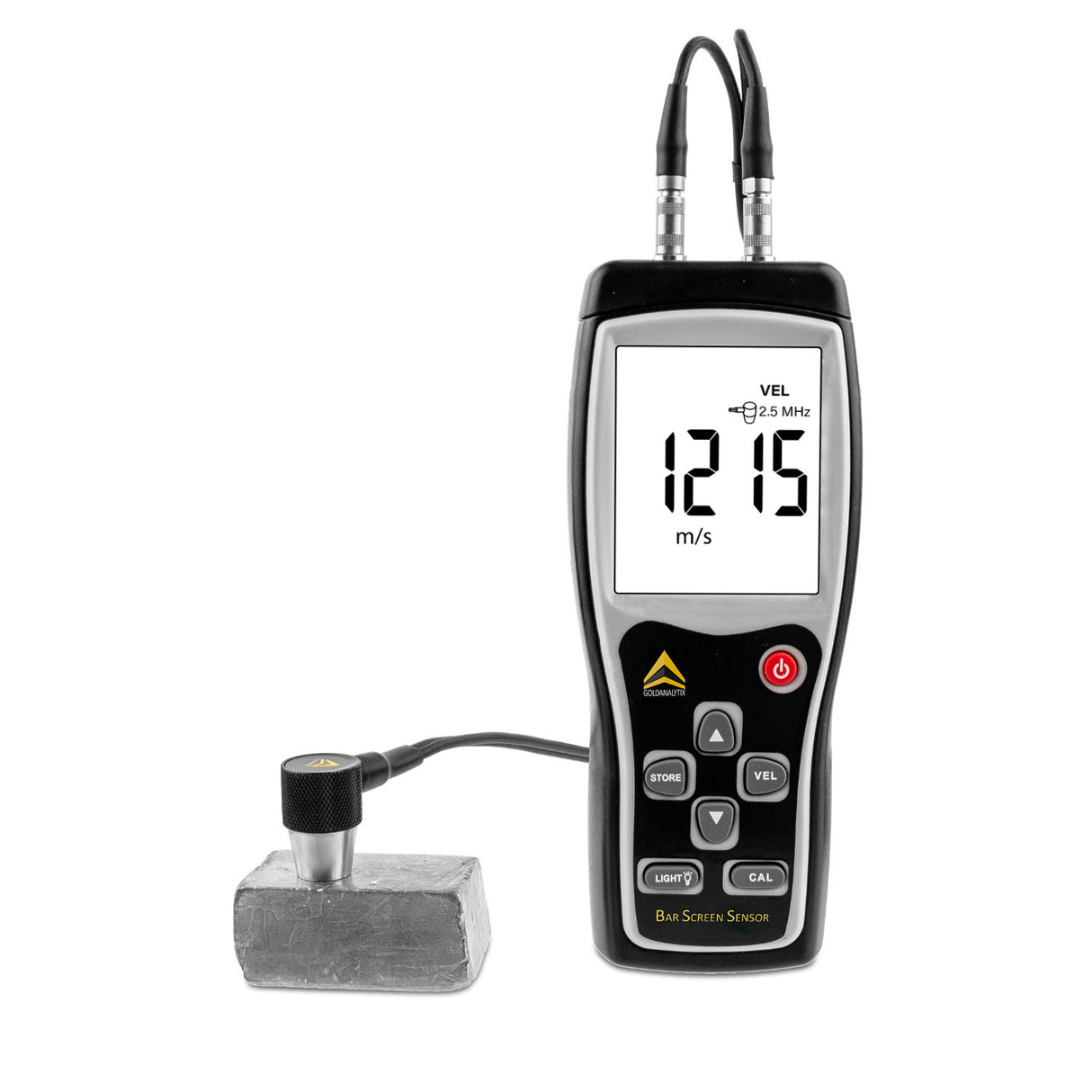 A device called BarScreenSensor, which is used for testing the authenticity of precious metal bars, along with a digital display showing a measurement, and a metal ingot beside it.