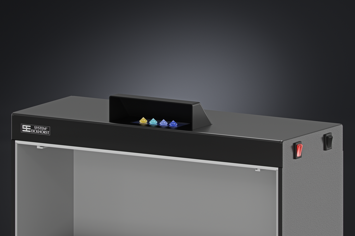 Diamond grading cabinet with neutral grey background and full spectrum lighting
