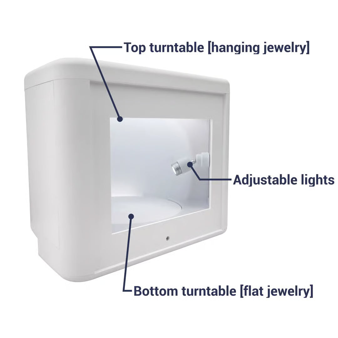 GemLightbox Pro smartphone jewelry photography lightbox with dual turntables for rings, necklaces, earrings, and gemstones